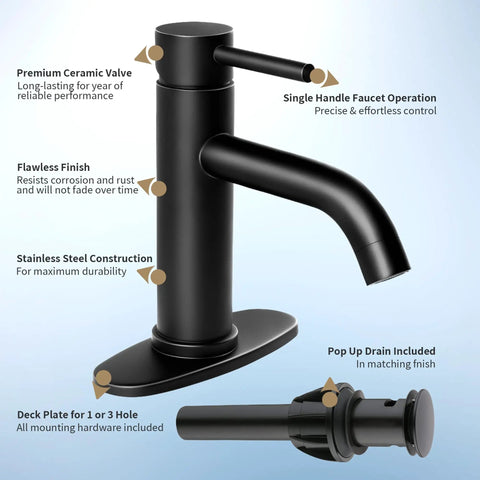 Modern Single-Handle Black Stainless Steel Bathroom Faucet With Deck Plate And Pop Up Drain, Fits 1 And 3 Hole Vanities
