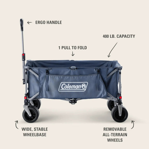 XL Collapsible Wagon Heavy Duty 400 Lb Capacity With 50 Gallon Utility Cart All Terrain Wide Base Wheels One Pull Folding Design Removable Wheels And Ergonomic Handle Blue