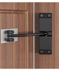 Adjustable Spring Auto Closer For Furniture Cabinet Doors Silent Soft Close No Slam Hidden Mount in black finish on wood door