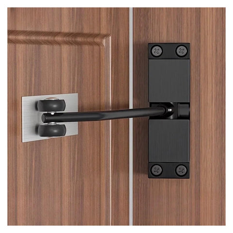 Adjustable Spring Auto Closer For Furniture Cabinet Doors Silent Soft Close No Slam Hidden Mount in black finish on wood door