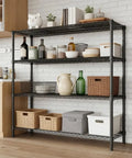 4 Tier Hella Heavy Duty Adjustable Steel Wire Storage Shelving Rack with Thickened Black Matte Finish holding various kitchen items.