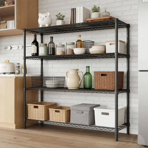 4 Tier Hella Heavy Duty Adjustable Steel Wire Storage Shelving Rack with Thickened Black Matte Finish holding various kitchen items.