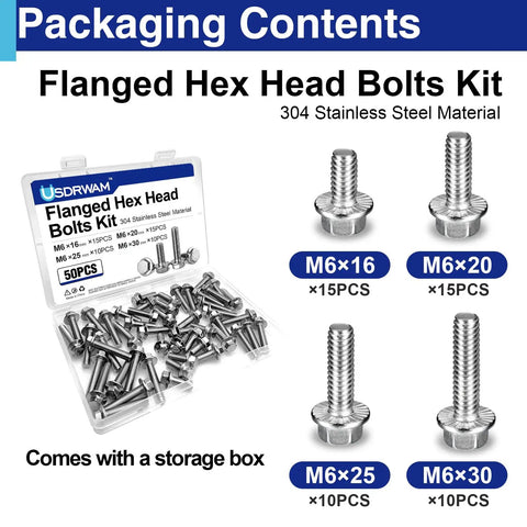 Heavy Duty M6 Stainless Steel Flange Bolt Assortment Kit 50 Piece Hex Head Fasteners 16Mm 20Mm 25Mm 30Mm with storage box