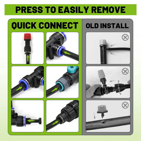 Image showing easy connection and removal of 100Ft Drip Irrigation Kit With 28 Adjustable 360 Degree Nozzles And 28 T Connectors