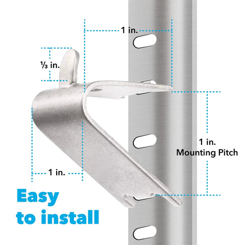 Close-up of 30 Pack Heavy Duty Commercial Freezer Shelf Clips That Fit True And Other Commercial Refrigerators Stainless Steel Model 7122 with measurements