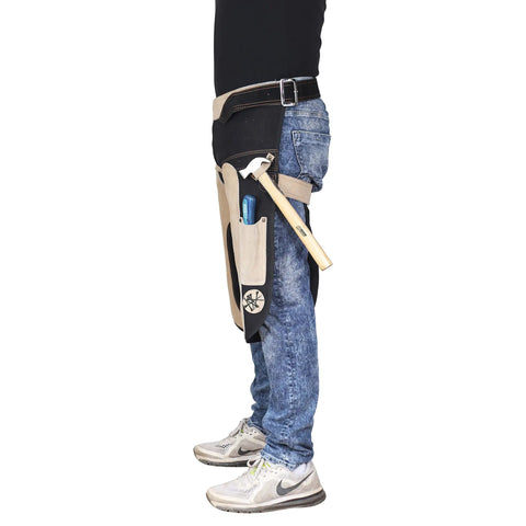 Side view of man wearing Heavy Duty Farrier Apron Chaps For Men With Cowhide Suede Leather And Canvas 25 Inch Length, tools in pockets