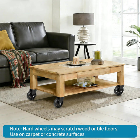 Coffee table on carpet with Beefy Heavy Duty 4 Inch Swivel Plate Caster Set Of 4 With Brakes, wood furniture in living room.