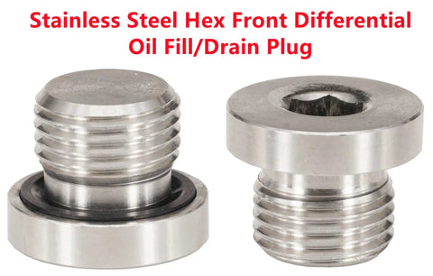 Stainless steel hex front differential oil fill/drain plug from Beefy 5 Piece Stainless Steel Engine Front Differential And Rear Transmission Oil Drain Fill Plug Kit For Polaris UTVs RZR General Ranger Scrambler Sportsman With Gasketed Engine Drain Plug And Front And Rear Fill Plugs Plus Rubber Gaskets.