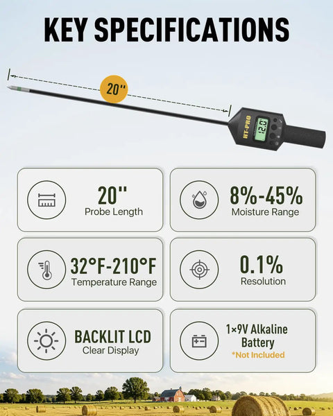Moisture Meter With 20 Inch Probe For Hay Bales, Round And Square Bale Moisture And Temperature Checker With Fast Backlit Readings, Calibration Clip Included, Black Handle. 20-inch probe and specifications