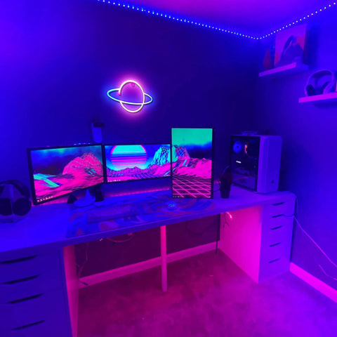 Planet Neon Sign USB Powered Saturn LED Light With Easy On Off Switch Aesthetic Wall Decor For Bedroom And Gaming Room glowing on wall