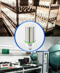 Testing lab with 2 Pack 50W LED Corn Bulbs E26 E39 Base 120 277V 5000K Daylight 6500lm displayed on racks