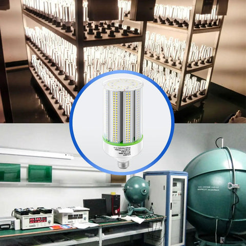 Testing lab with 2 Pack 50W LED Corn Bulbs E26 E39 Base 120 277V 5000K Daylight 6500lm displayed on racks