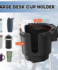 Universal Cup Holder Clamp That Fits 0.6 To 1.5 Inch Tubes, black design, showing dimensions for desk or vehicle use.