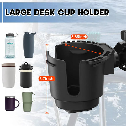 Universal Cup Holder Clamp That Fits 0.6 To 1.5 Inch Tubes, black design, showing dimensions for desk or vehicle use.