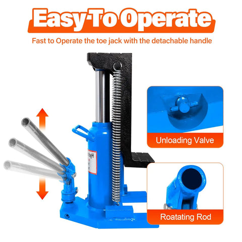 Premium Hydraulic Toe Jack Lift 20 Ton 44000 Lbs heavy duty steel tool with detachable handle and unloading valve.