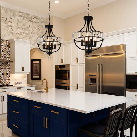 Crystal Farmhouse Chandelier In Black Rustic Finish Four Light Flush Mount Ceiling Light for kitchen with crystal accents.