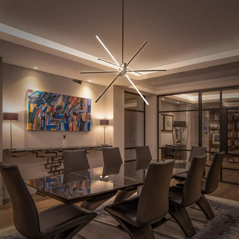 Totally Lit Modern Black LED Chandelier Pendant Light With 8 Light Fixtures in elegant dining room setup