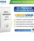 Type Q And C HEPA Vacuum Bags For Canister Vacuum Cleaners, 30 Pack, veva brand, showcasing HEPA vacuum bag with features listed