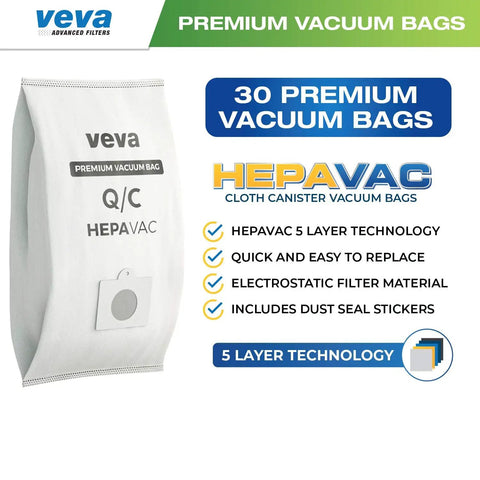 Type Q And C HEPA Vacuum Bags For Canister Vacuum Cleaners, 30 Pack, veva brand, showcasing HEPA vacuum bag with features listed