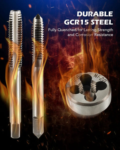 Orion Motor Tech SAE tap and die set: three silver metal tools, two taps and a die, against a fiery background.