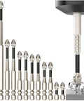 12-piece magnetic screwdriver drill bit set in steel, 25–150 mm, arranged with a bit in a drill chuck on the right