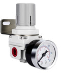 1/4 Inch NPT Air Regulator With Gauge For Compressed Air Systems, Locking Knob For Precise Control, 0-125 PSI Output, steel protected gauge