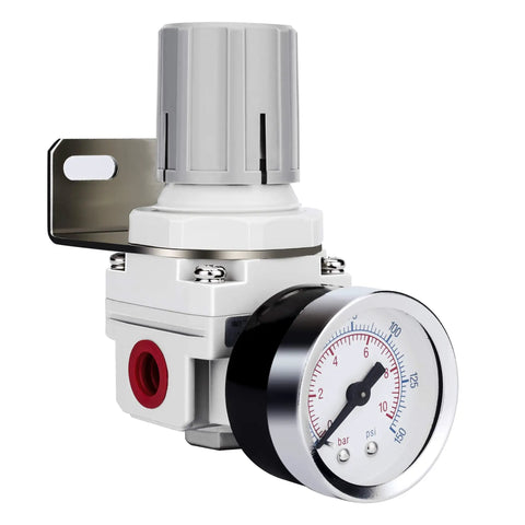 1/4 Inch NPT Air Regulator With Gauge For Compressed Air Systems, Locking Knob For Precise Control, 0-125 PSI Output, steel protected gauge