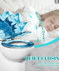 Round Toilet Seat Replacement, Slow-Close, Bathroom with blue marble design and slow-close feature next to sleeping child.