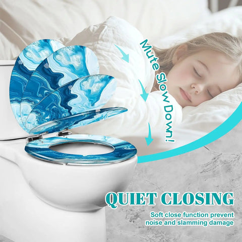 Round Toilet Seat Replacement, Slow-Close, Bathroom with blue marble design and slow-close feature next to sleeping child.