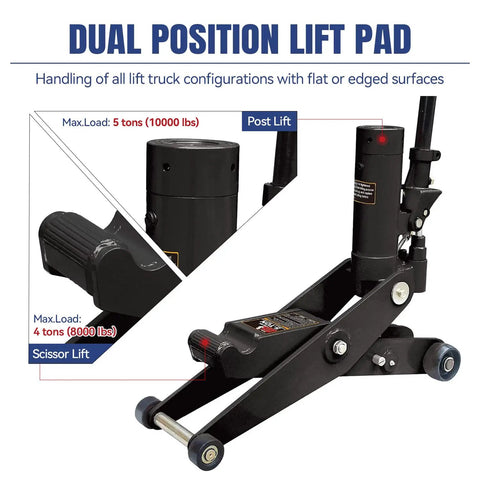 Heavy Duty Dual Mode Hydraulic Floor Jack Featuring Scissor And Post Lifts For Up To Five Ton Auto Maintenance Garage Workshop Jobs Built Tough As Nails And Shop Grade