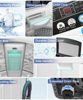 Features of 20 Lb Compact Washer And Spin Dryer Combo for Apartments including controls, filter, and glass lid.
