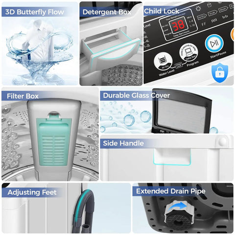 Features of 20 Lb Compact Washer And Spin Dryer Combo for Apartments including controls, filter, and glass lid.