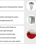 Image showing Stainless Steel Cooler Hinges Replacement Set With Screws For Ice Chests Fits Most Models 4 Pack For Popular Cooler Models Such As 5235 6262 6270 And More, includes 4 hinges and 16 screws.