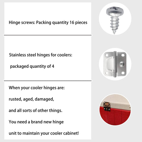 Image showing Stainless Steel Cooler Hinges Replacement Set With Screws For Ice Chests Fits Most Models 4 Pack For Popular Cooler Models Such As 5235 6262 6270 And More, includes 4 hinges and 16 screws.