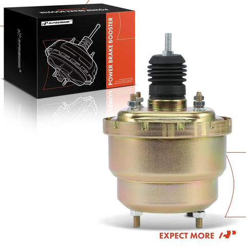 Street Proven Universal Vacuum Power Brake Booster For Hot Rods And Muscle Cars With Dual Diaphragm 7 Inch Design in front of packaging.