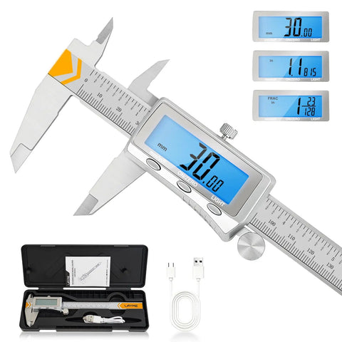 Rechargeable Caliper With Backlit LCD Screen And Auto Off, Stainless Steel Vernier Caliper set with case and USB cable