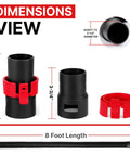 Dimensions of Beefy 8 Ft Universal Vacuum Hose 2.5 Inch Heavy Duty Replacement Hose for Rigid DeWalt Husky Craftsman adapters shown