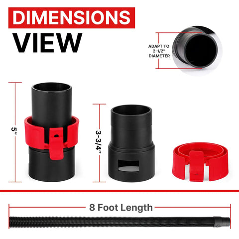 Dimensions of Beefy 8 Ft Universal Vacuum Hose 2.5 Inch Heavy Duty Replacement Hose for Rigid DeWalt Husky Craftsman adapters shown