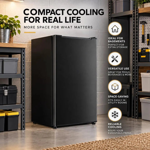 Kickin Compact 3.2 Cubic Foot Upright Freezer Solid Black Design in utility room for space saving cold storage.