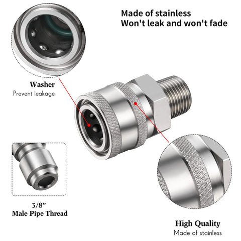 Front view of an 8-piece stainless steel NPT 3/8 in pressure washer quick connector kit for male and female adapters