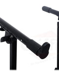 Close-up of Double Piano Keyboard Stand With Laptop Mount QuickFOLD Series 2 Tier showing adjustable arms and knobs
