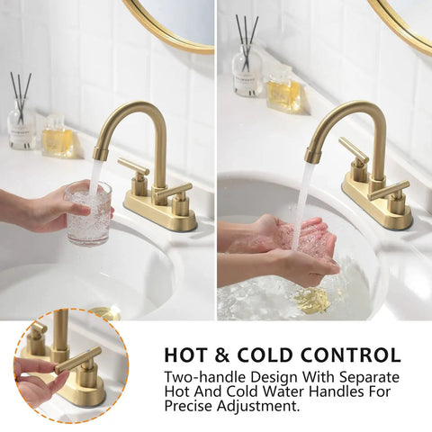 Gold 4 Inch Center Set Bathroom Faucet With Pop Up Drain, 2-Handle Sink Faucet With Included Supply Lines, Brushed Gold Finish, Stainless Steel Construction, Rust-Resistant, No-Fuss Install, Modern Bath Upgrade with separate hot and cold water handles