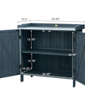Open outdoor storage cabinet with potting bench and metal tabletop for garden and patio, showing interior shelves and dimensions.