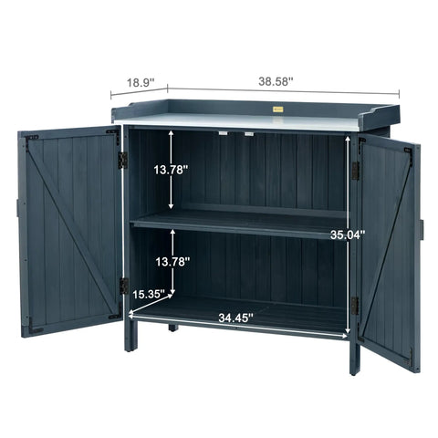 Open outdoor storage cabinet with potting bench and metal tabletop for garden and patio, showing interior shelves and dimensions.