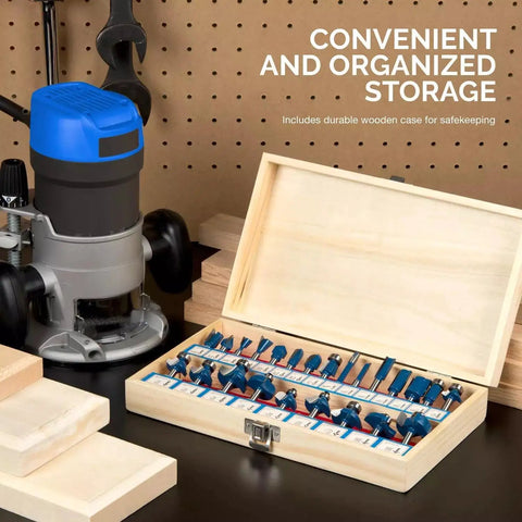 Open box showing Premium Tungsten Carbide Router Bit Set For Woodworking 24 Piece 1 4 Inch Shank Pro Grade Bits on bench
