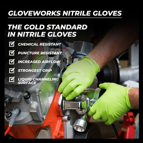 GLOVEWORKS nitrile gloves, green 8 mil disposable with raised diamond grip; mechanic using tools on machinery