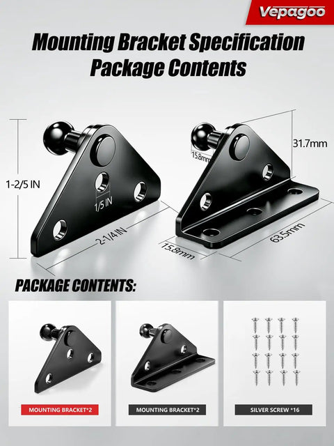 Heavy Duty Steel 13mm Ball Stud Mounting Bracket Kit For Gas Shock Spring Strut Lift Support Prop Rod Adapter with two black brackets.