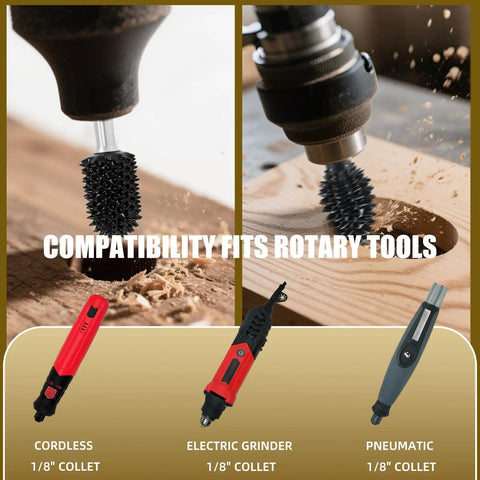 Heavy Duty Carbide Rotary Burr Set Featuring Kickass Coarse Teeth For Rapid Material Removal And Effortless Wood Carving On Foam Plastic Rubber And Dremel Compatible Rotary Hand Tools showing compatibility with various tools.
