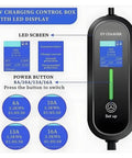 On The Go Powerhouse Plug And Play Portable EV Charger With 16 Amp 3.6 Kilowatt Output For Type One Type Two Gbt Connectors showing LED display and control box.