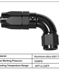 12AN 90 Degree One Piece Full Flow Hose End Fitting Swivel For CPE Braided Hose Aluminum 6061 T6, 1 1/16-12 UNF, AN12, Heavy Duty 1500 PSI, -40F To 250F black elbow fitting